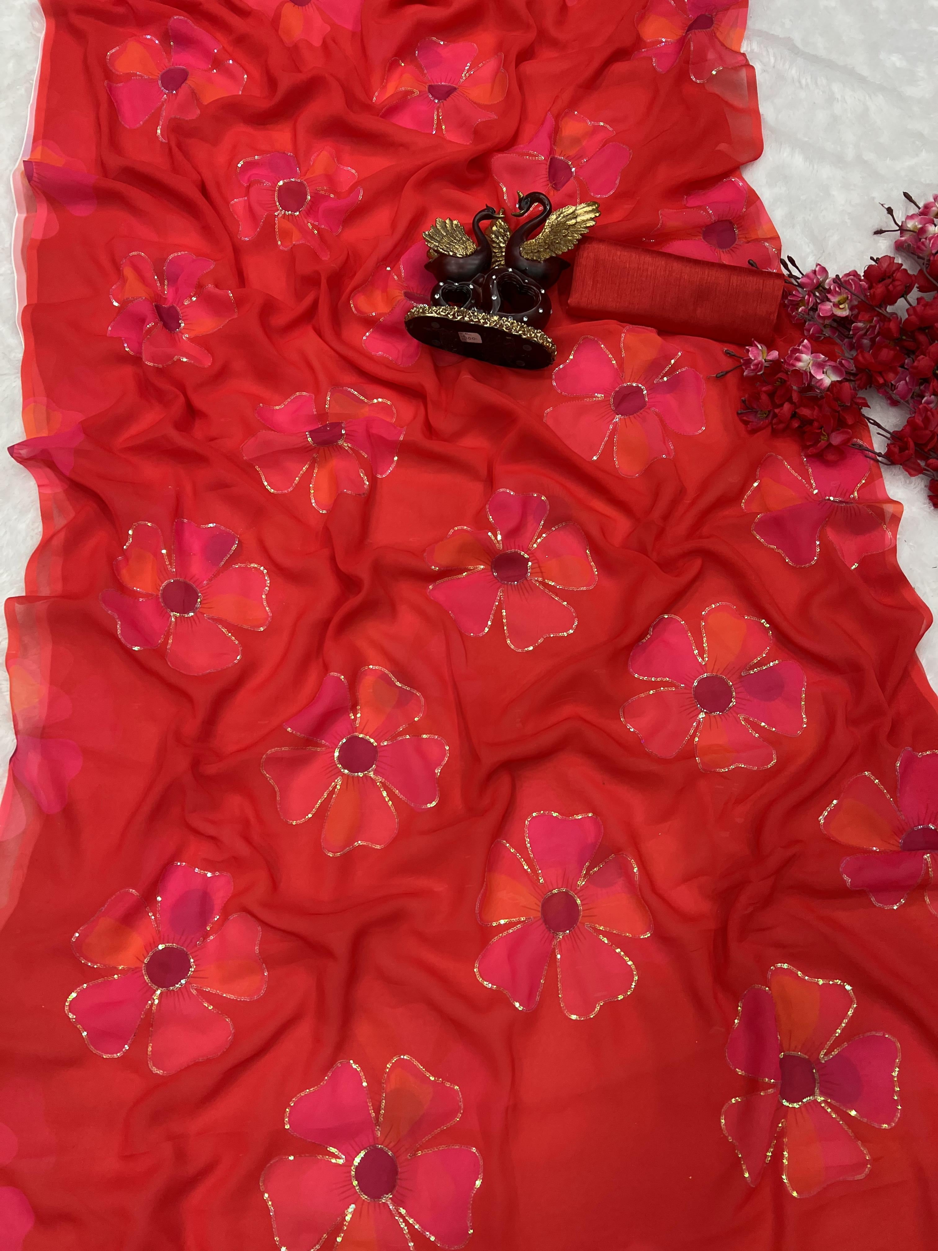 Red Festive Party Wear Georgette Saree with Hand Sequin Work