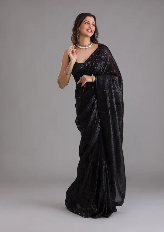 Black Satin Fancy Sequence Work Saree