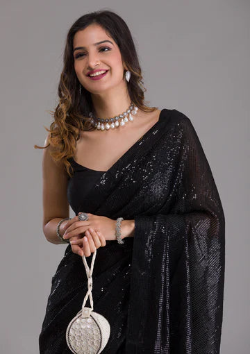 Black Satin Fancy Sequence Work Saree