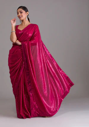 Rani Pink Satin Fancy Sequence Work Saree