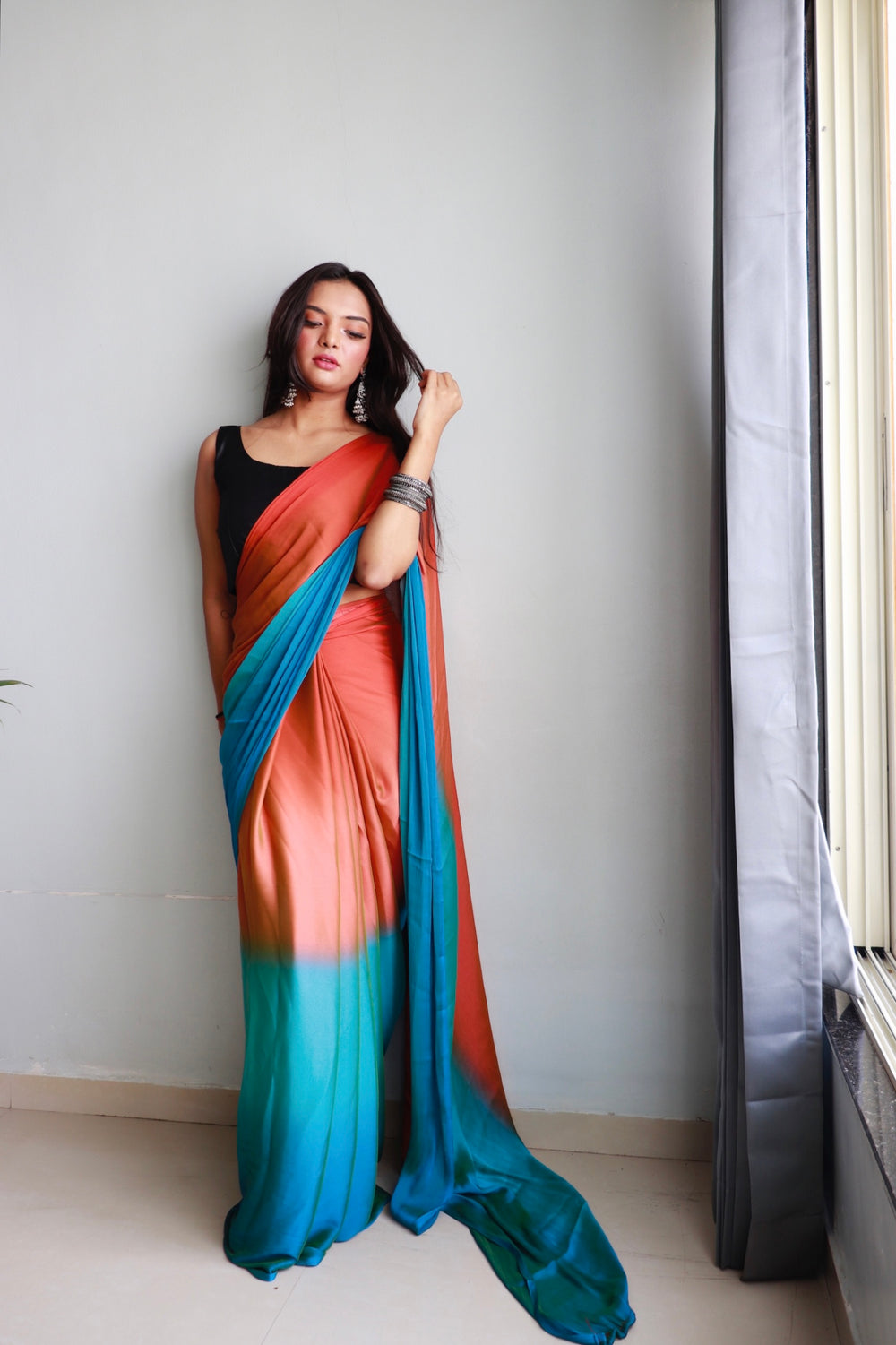 Mesmerising 1-Minute Ready To Wear Orange and Firozi Chiffon Silk Saree