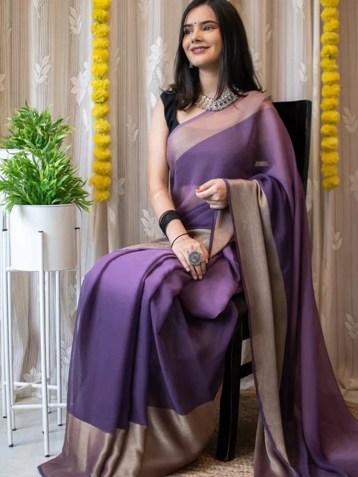 Purple Colour 1-Minute Ready To Wear Chiffon Silk Saree