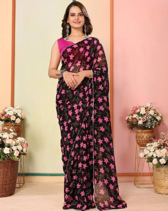 Lovely 1-Minute Ready To Wear Black Georgette Saree