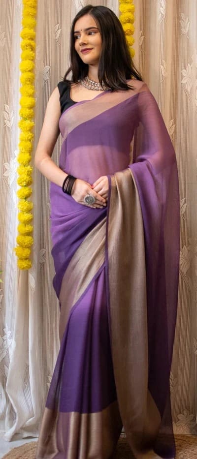 Purple Colour 1-Minute Ready To Wear Chiffon Silk Saree