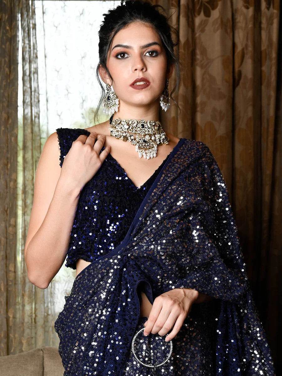 Blue Fancy Sequence Work Georgette Saree