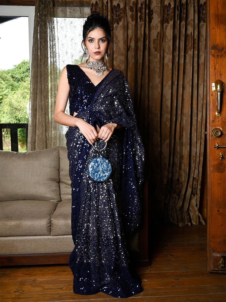 Blue Fancy Sequence Work Georgette Saree