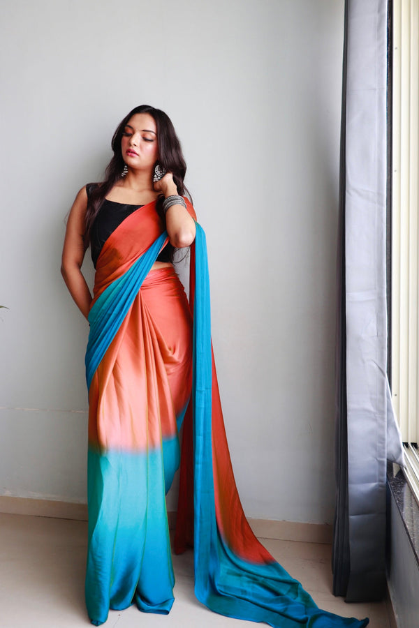 Mesmerising 1-Minute Ready To Wear Orange and Firozi Chiffon Silk Saree