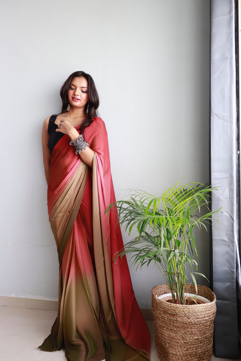 Sophisticated 1-Minute Ready To Wear Pink and Brown Chiffon Silk Saree