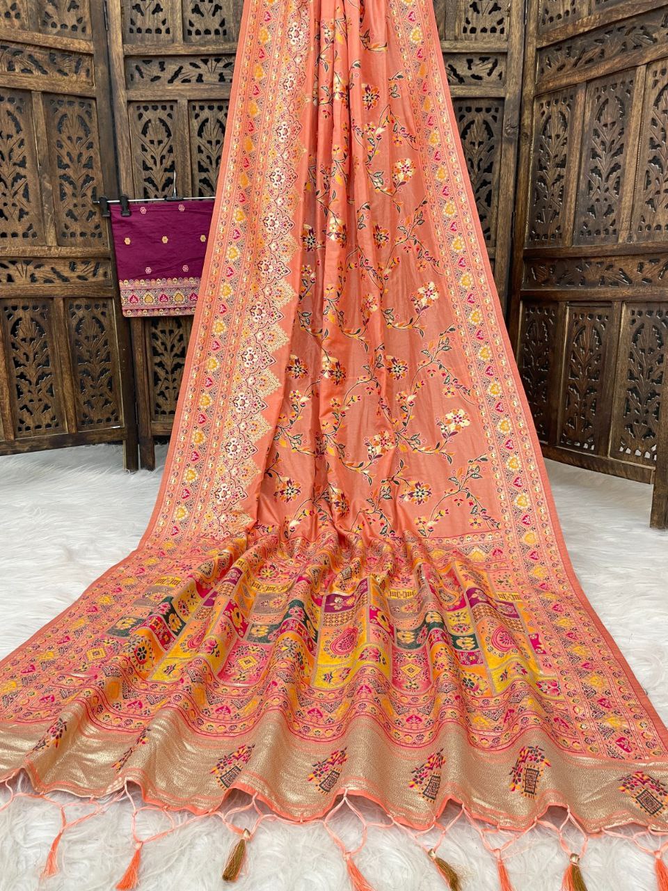 Orange Floral Pasmina Silk Saree