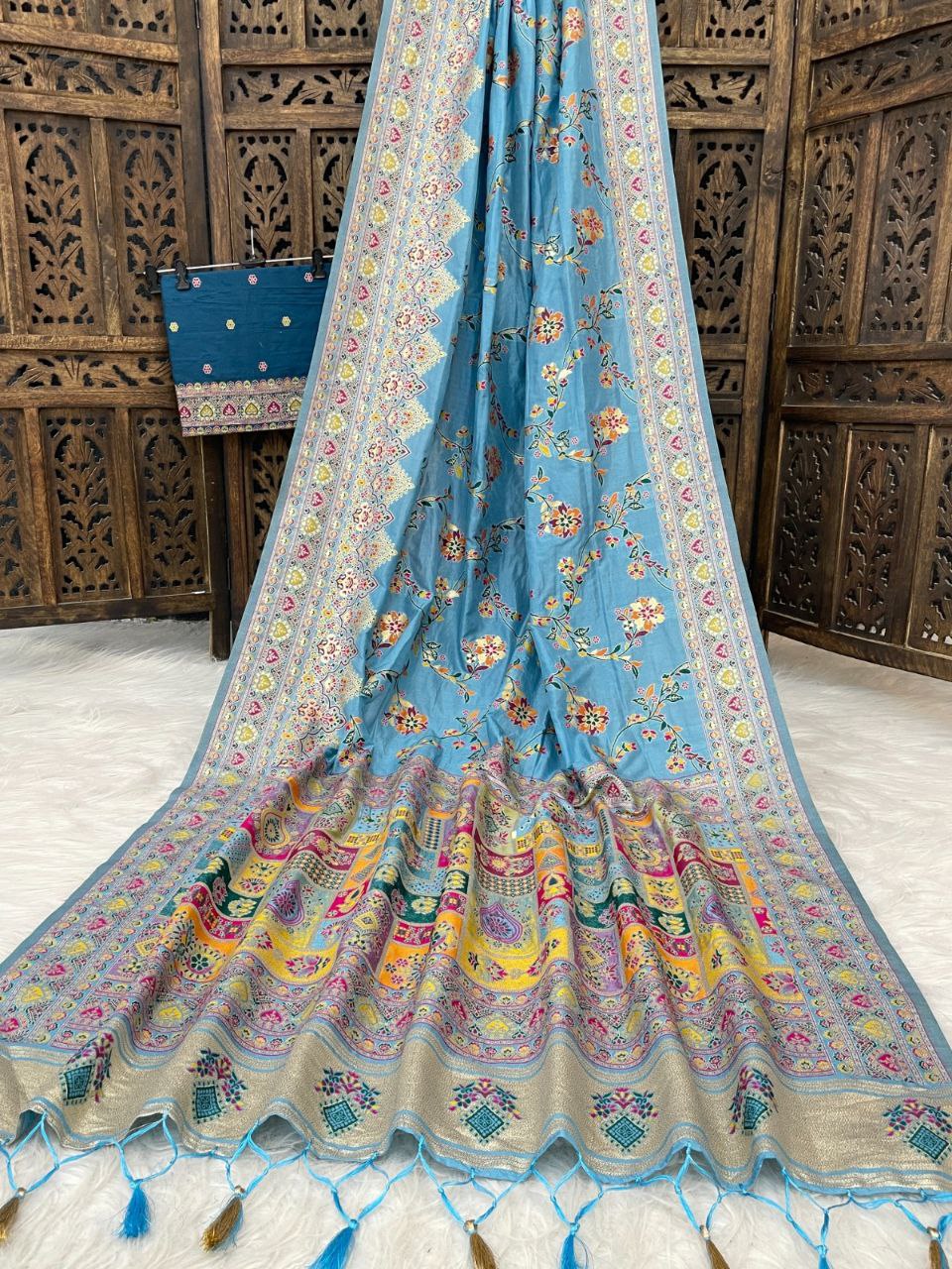ocean blue Floral Pasmina Silk Saree