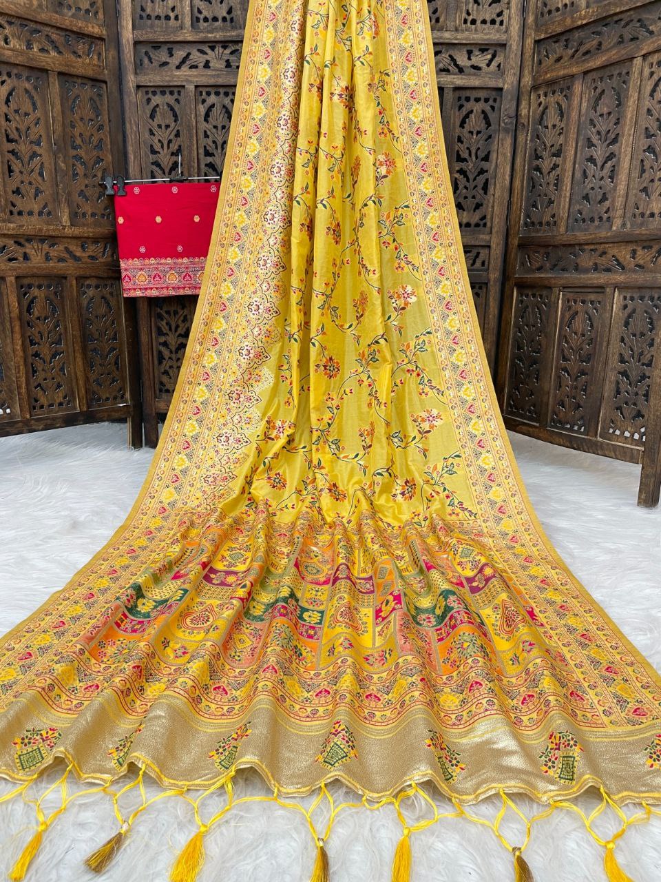 Yellow Floral Pasmina Silk Saree