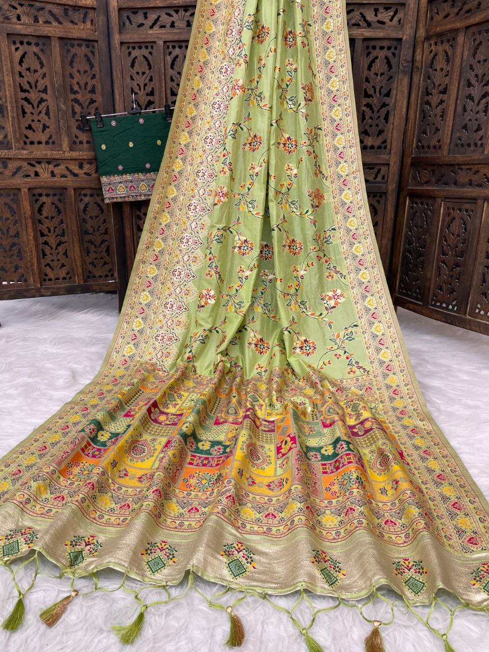 Pista Green Floral Pasmina Silk Saree
