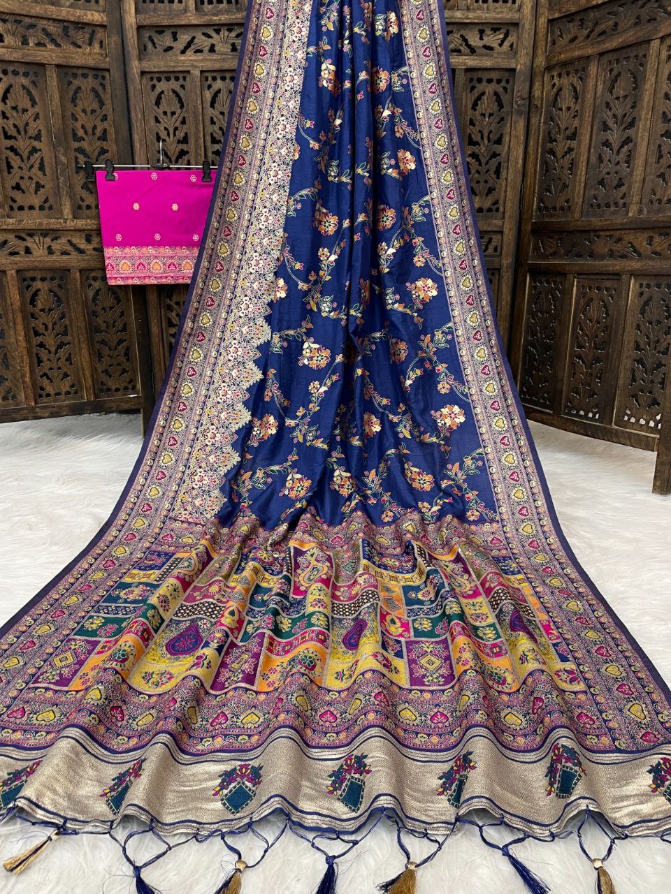 Dark Blue Floral Pasmina Silk Saree