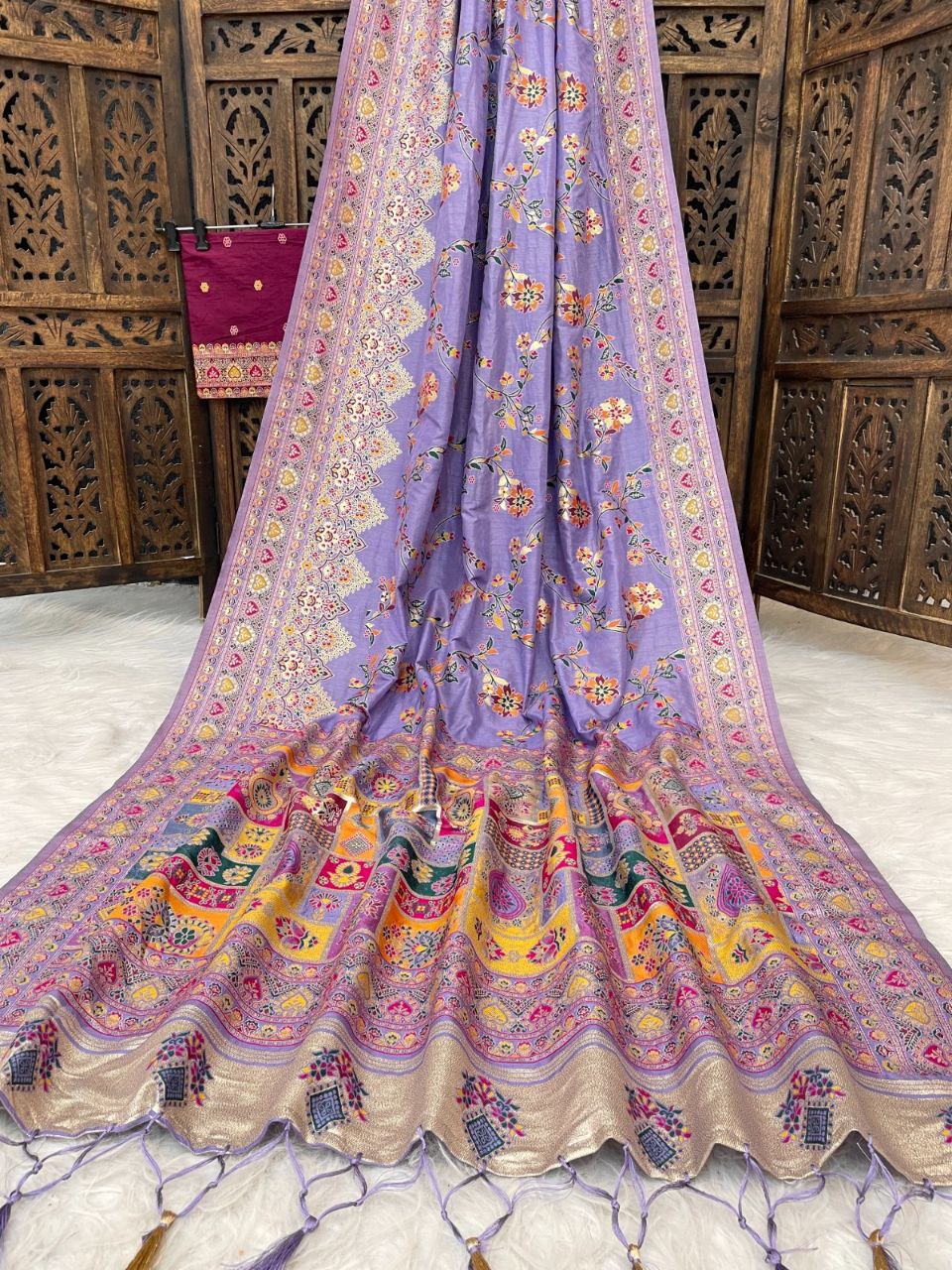 Purple Floral Pasmina Silk Saree