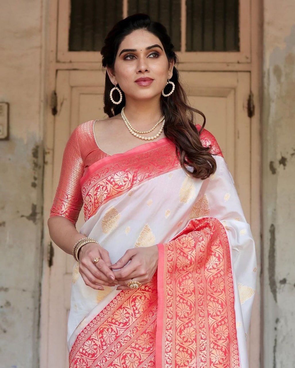 Red And White Banarasi Soft Silk Saree