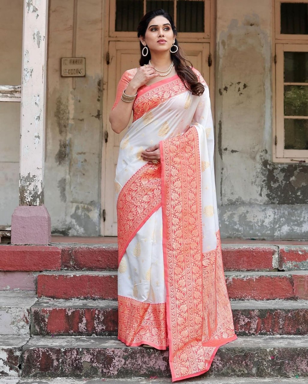 Red And White Banarasi Soft Silk Saree