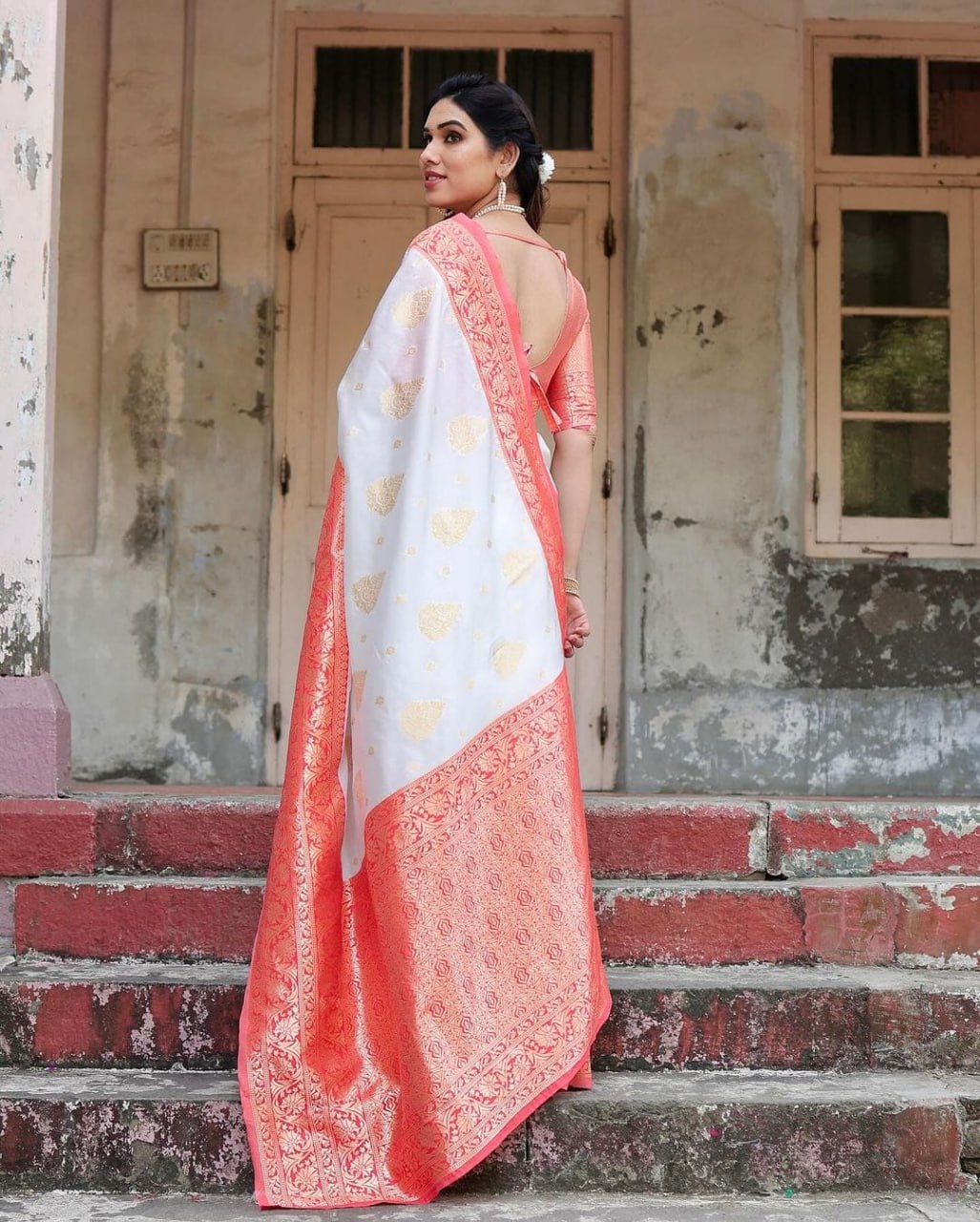 Red And White Banarasi Soft Silk Saree