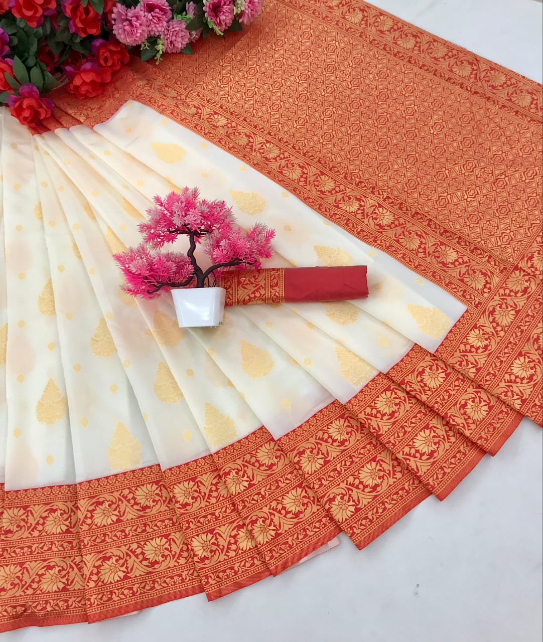 Red And White Banarasi Soft Silk Saree