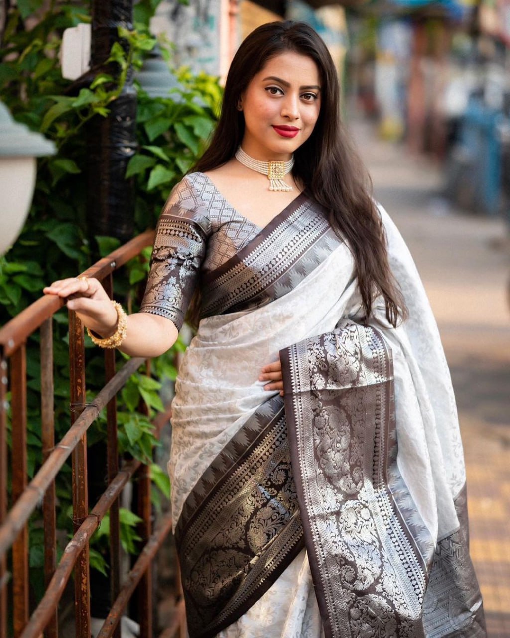 White And Black Soft  Silk Banarasi Saree