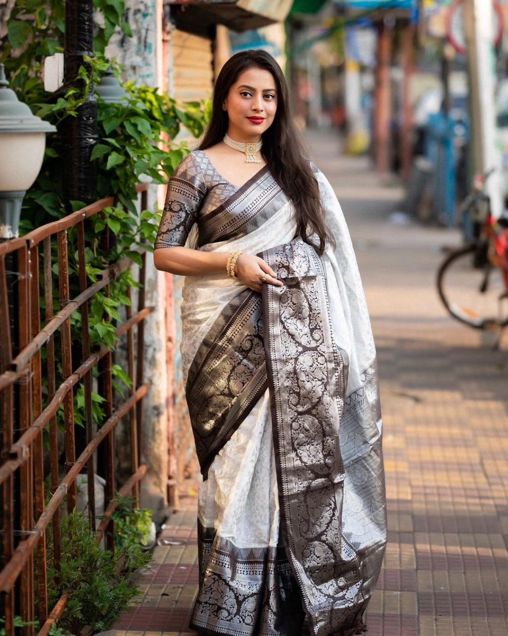 White And Black Soft  Silk Banarasi Saree