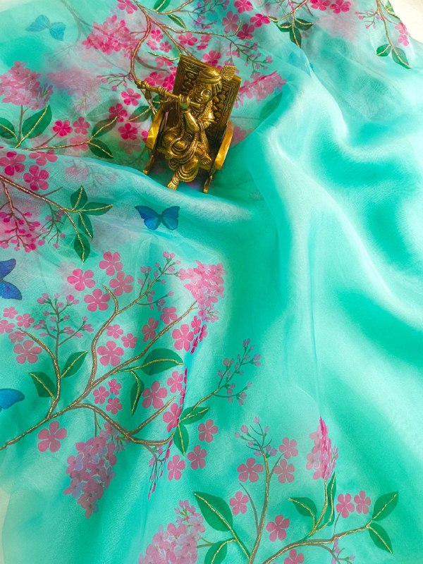 TRENDY VERY SOFT ORGANZA SILK SAREE WITH BEUTIFULL DIGITAL PRINT AND HAND WORK CLASSIC SAREE