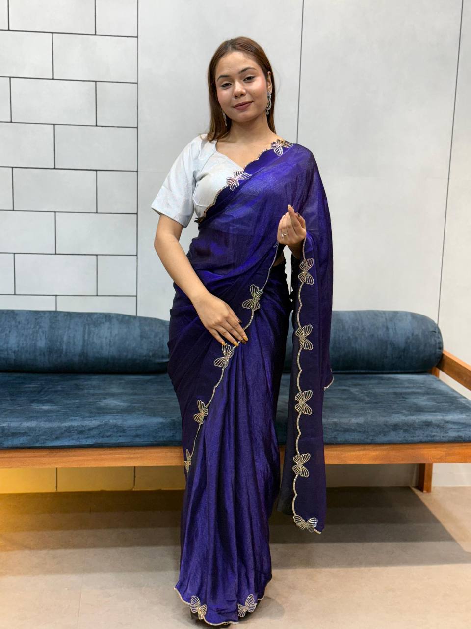 *BUTTERFLY 🦋 CUT DANA DIAMOND 💎 PANEL WORK SAREE* NAVYBLUE