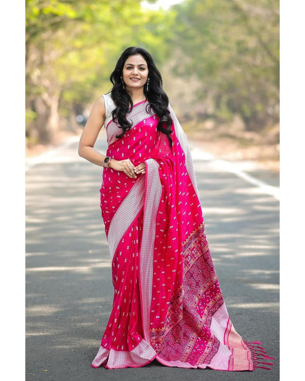 Flower Print Dark Pink  Saree with Tassels