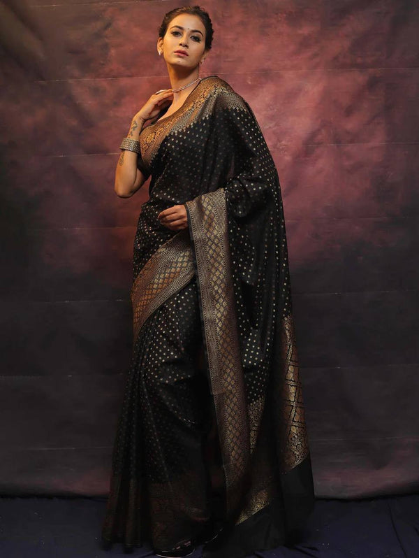 Striped Bollywood Jacquard, Pure Silk Saree  (Black)