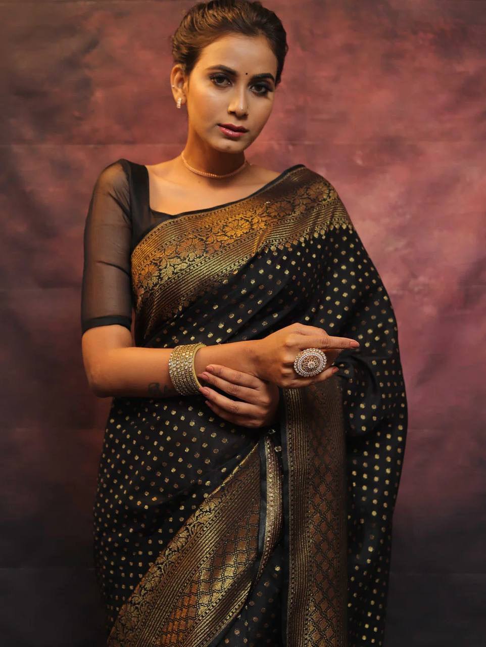 Black Banarasi Soft Semi Silk Saree With Blouse Piece For Womens