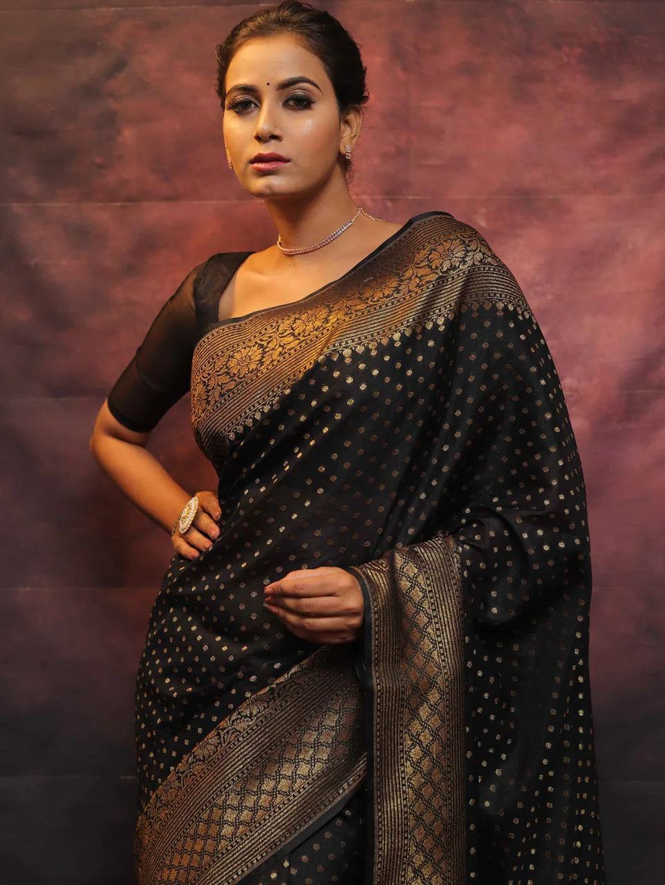 Black Banarasi Soft Semi Silk Saree With Blouse Piece For Womens