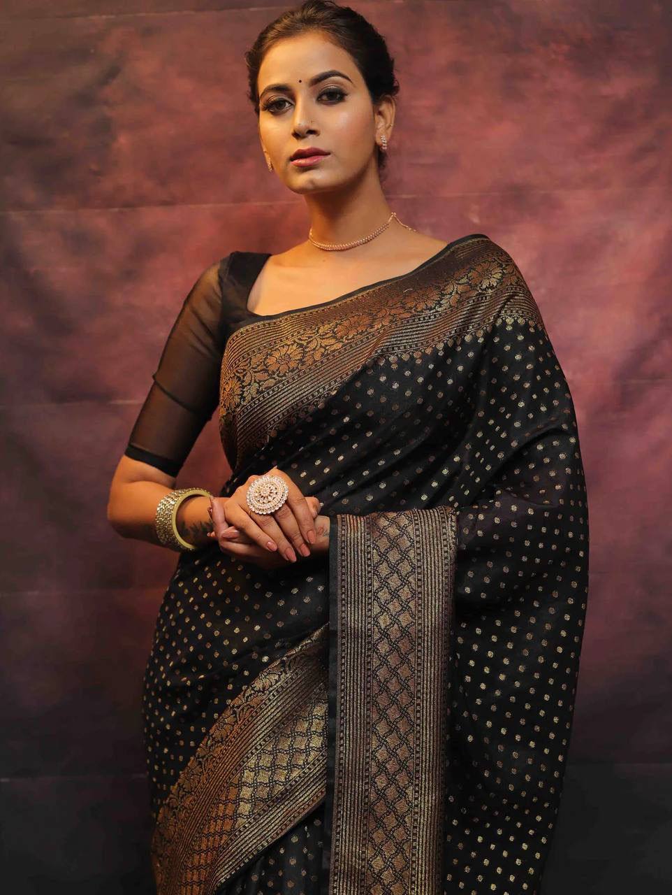 Black Banarasi Soft Semi Silk Saree With Blouse Piece For Womens