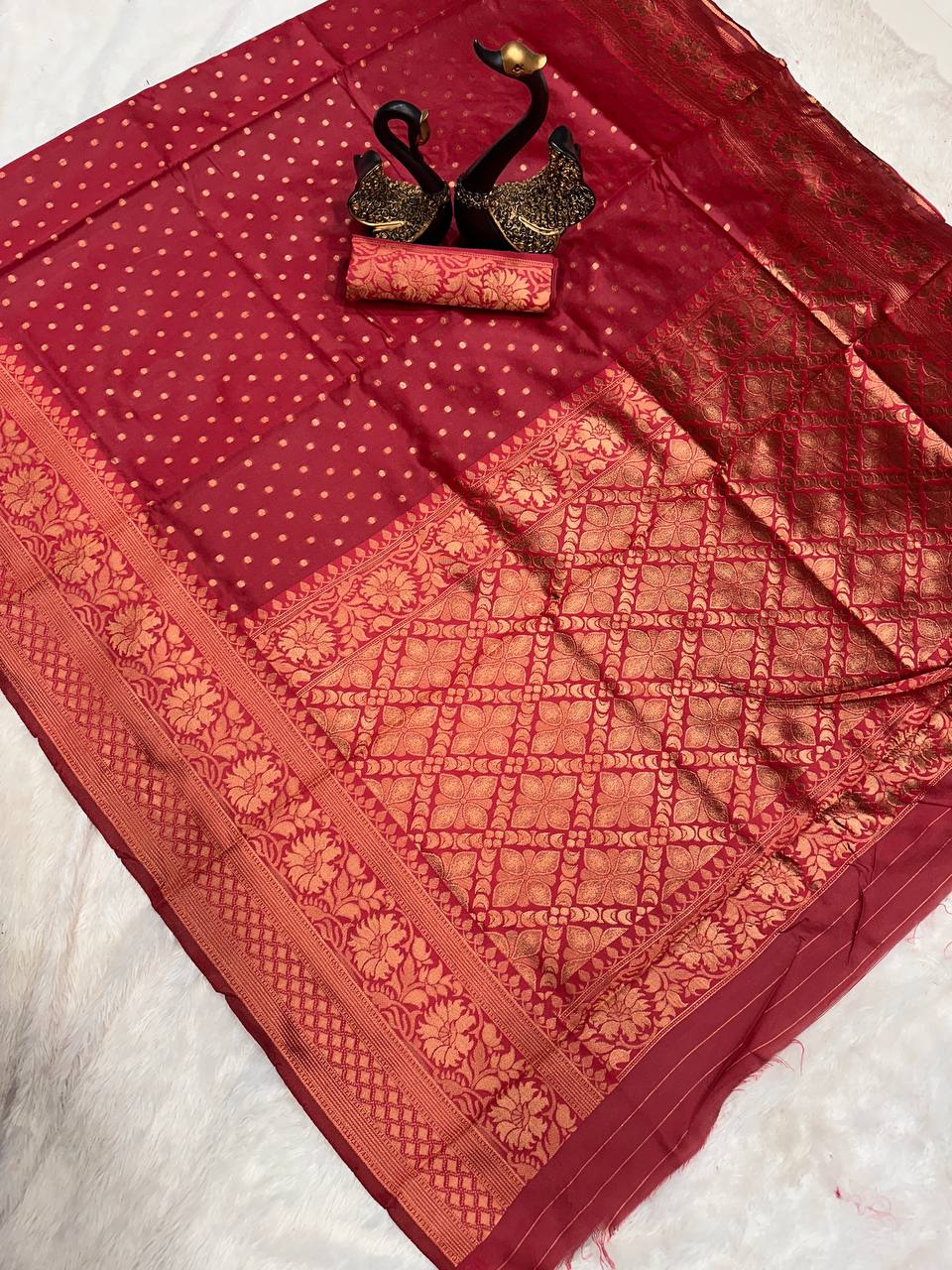 Striped Bollywood Jacquard, Pure Silk Saree (RED)