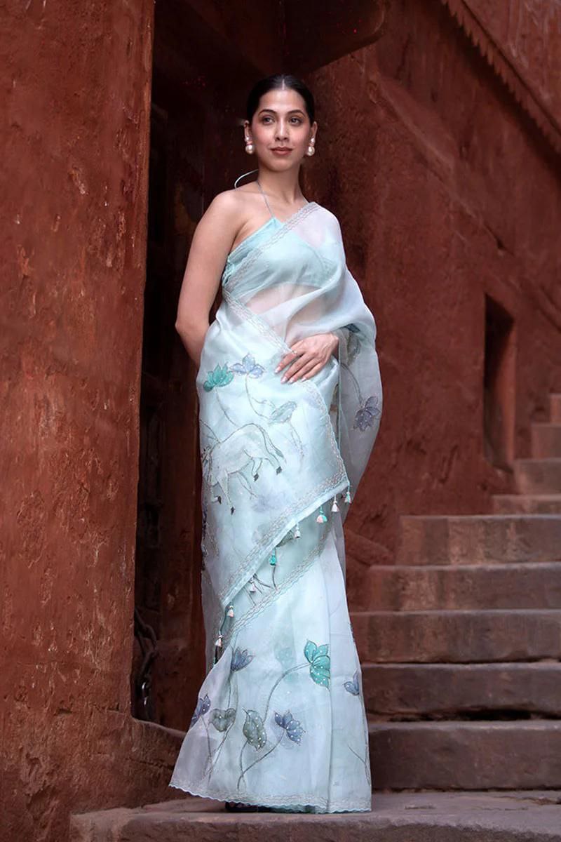 Light Blue Pichwai Embellished Organza Silk Saree