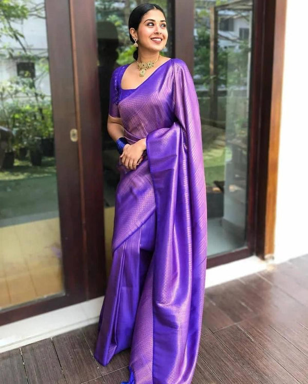 Attractive Purple Colour Kanjivaram Woven Silk Saree With Blouse Piece