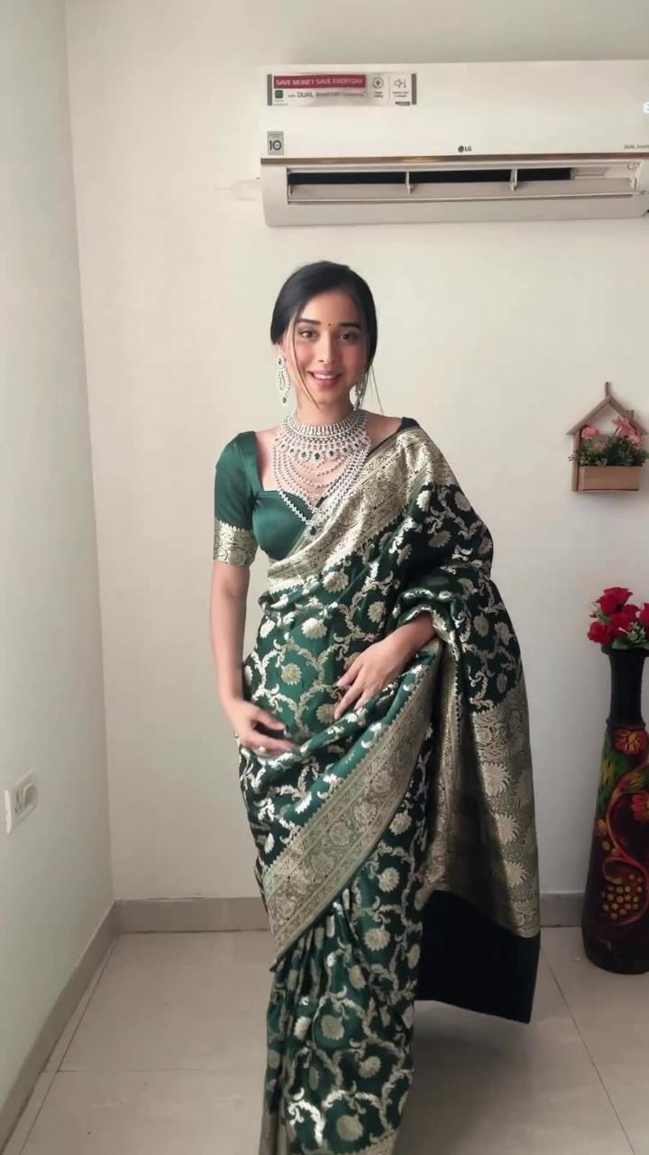 Green Colour 1-Min Jacquard Ready To Wear Saree With Blouse Piece