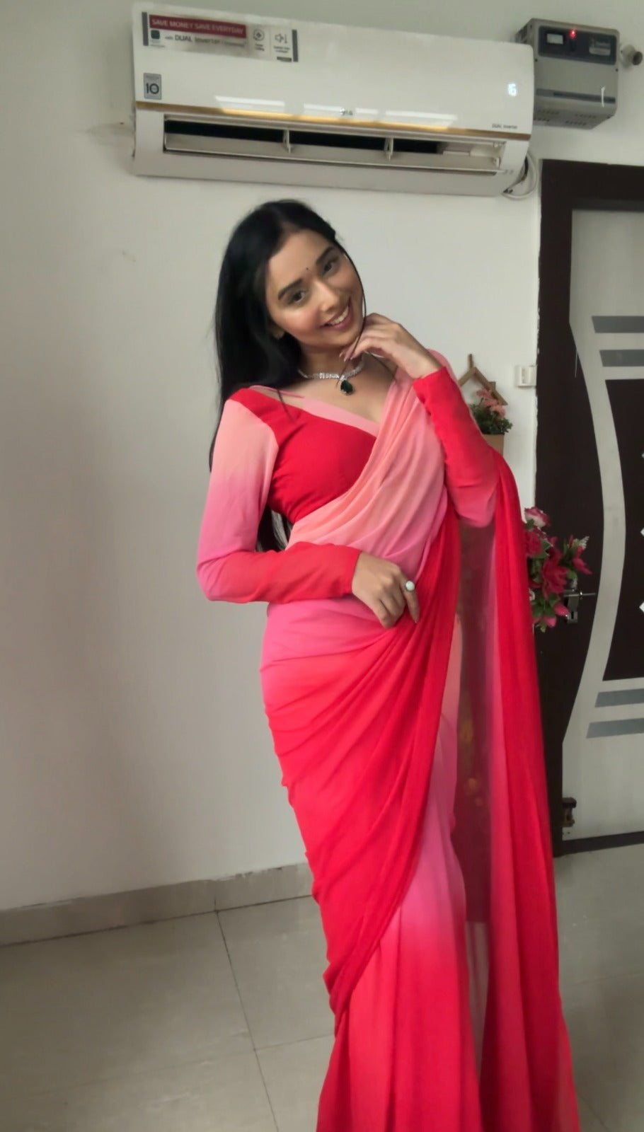 Allure 1-Minute Ready To Wear Red and Baby Pink Georgette Saree