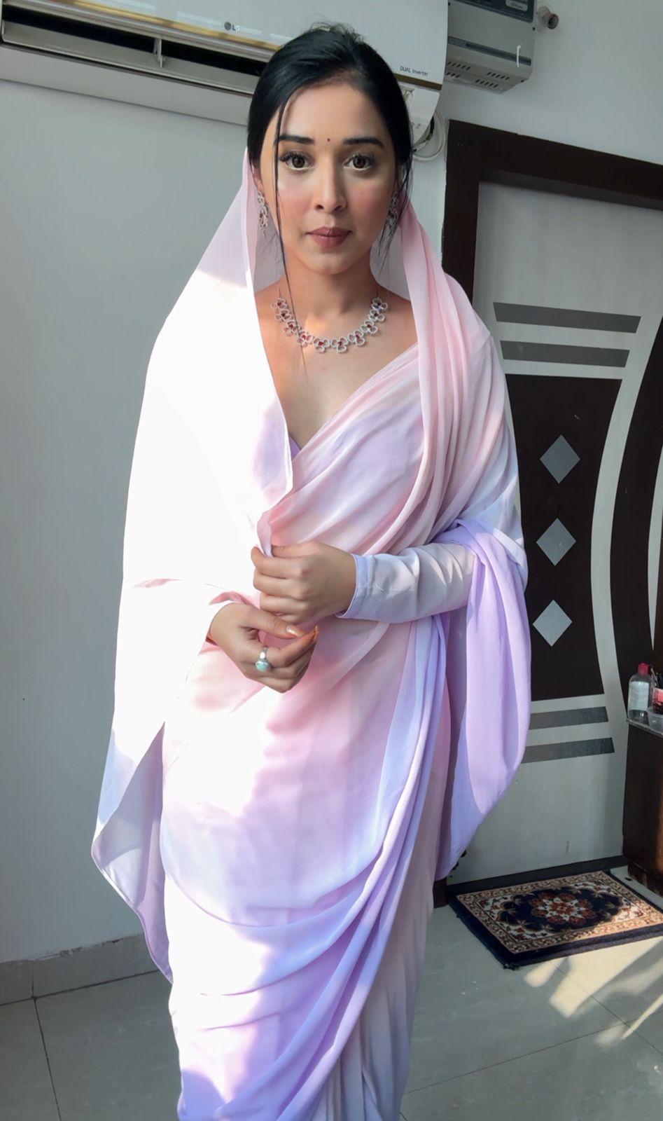 Glamorous 1-Minute Ready To Wear Lavender and Pink Georgette Saree