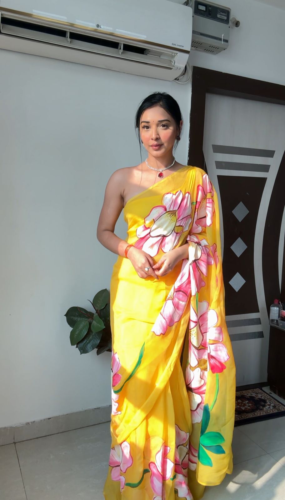 Evanescent 1-Minute Ready To Wear Yellow Organza Silk Saree