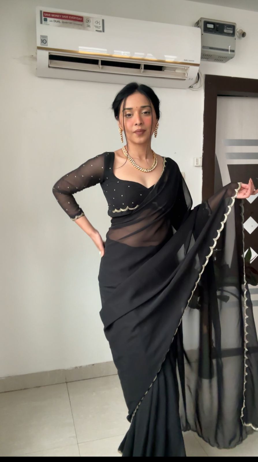 Evocative 1-Minute Ready To Wear Black Georgette Saree