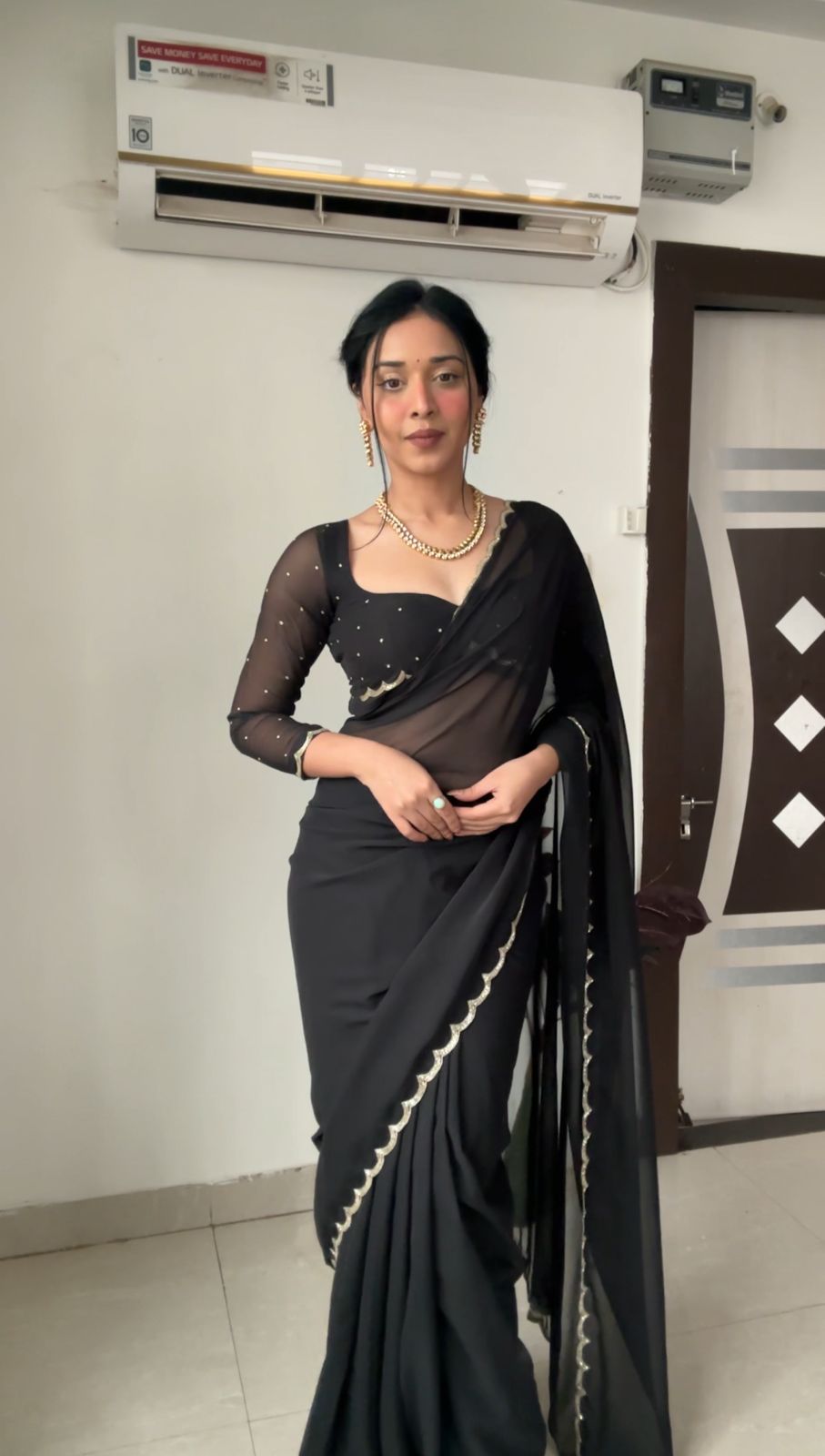 Evocative 1-Minute Ready To Wear Black Georgette Saree