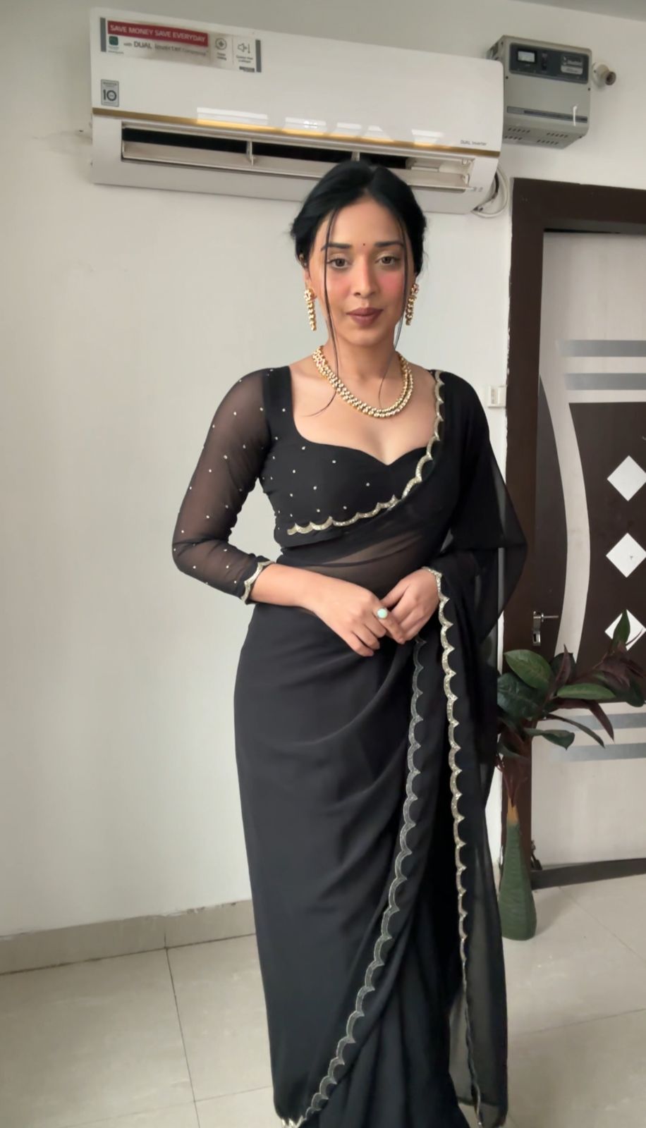 Evocative 1-Minute Ready To Wear Black Georgette Saree