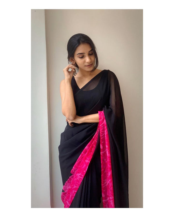 Mellifluous 1-Minute Ready To Wear Black Georgette Saree