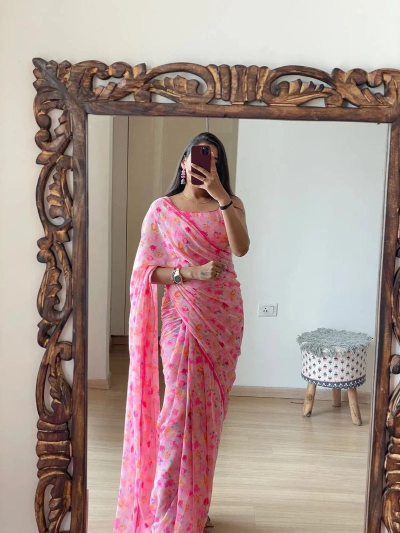 Flattering 1-Minute Ready To Wear Pink Georgette Saree