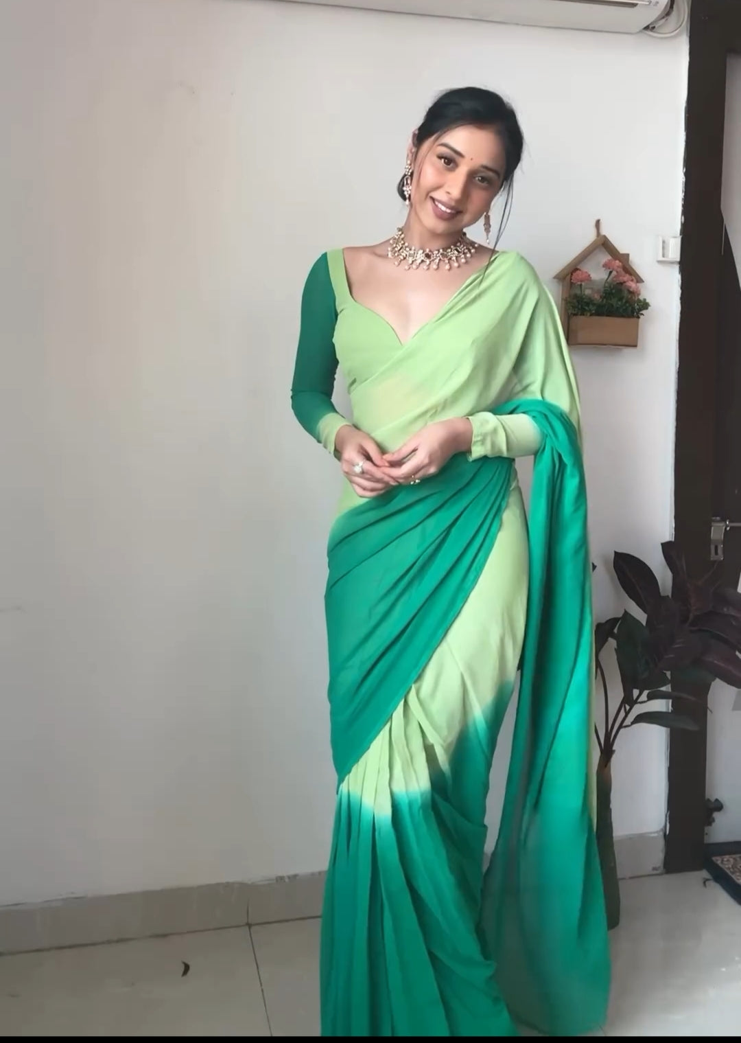 Winsome 1-Minute Ready To Wear Pista And Light Green Georgette Saree