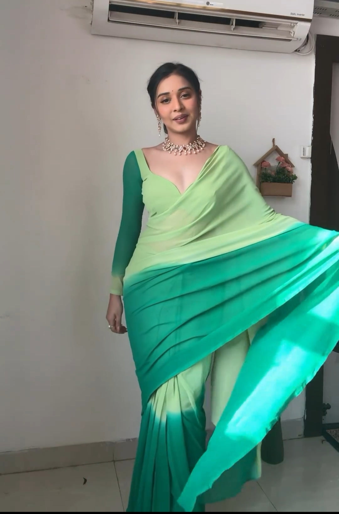 Winsome 1-Minute Ready To Wear Pista And Light Green Georgette Saree