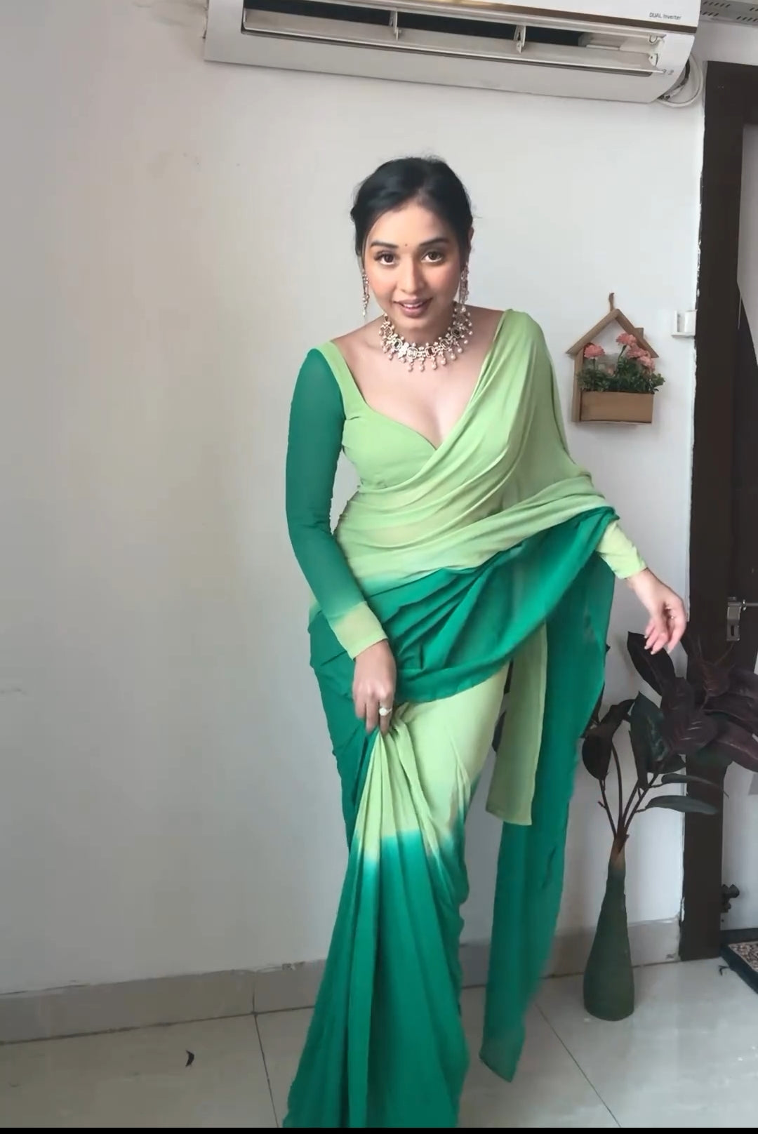 Winsome 1-Minute Ready To Wear Pista And Light Green Georgette Saree