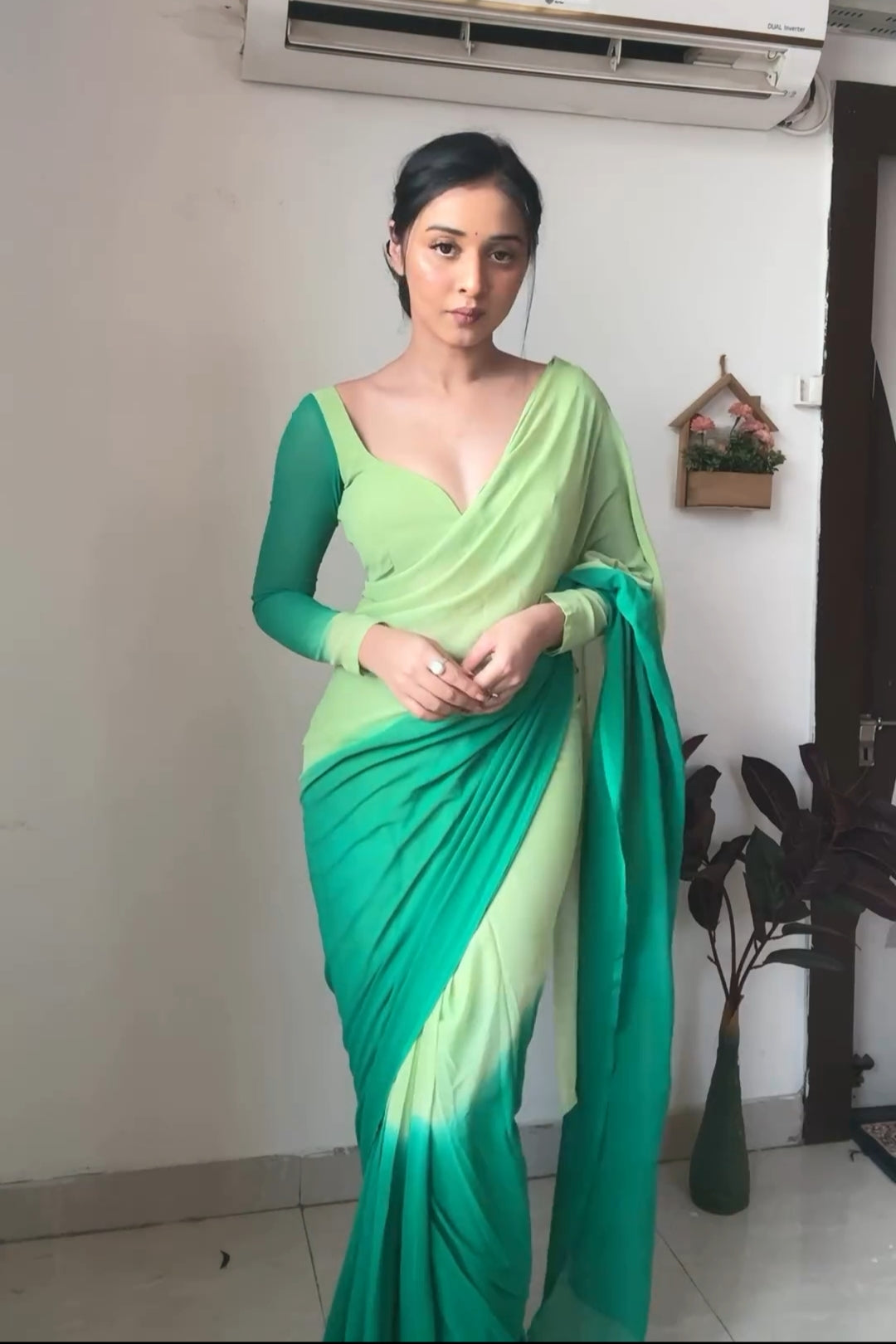 Winsome 1-Minute Ready To Wear Pista And Light Green Georgette Saree