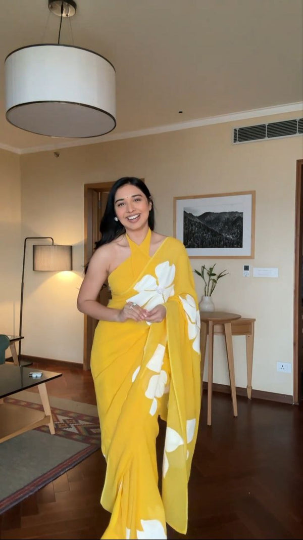 Piquant 1-Minute Ready To Wear Yellow Georgette Saree