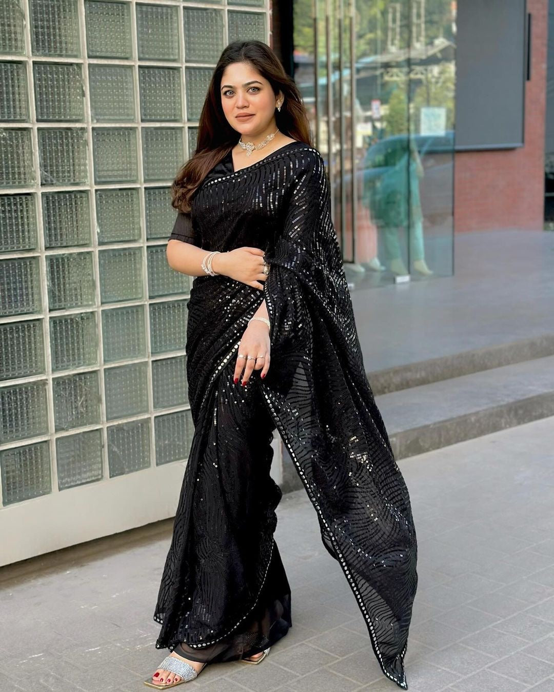 Black Stylish Bollywood Sequence Work Saree