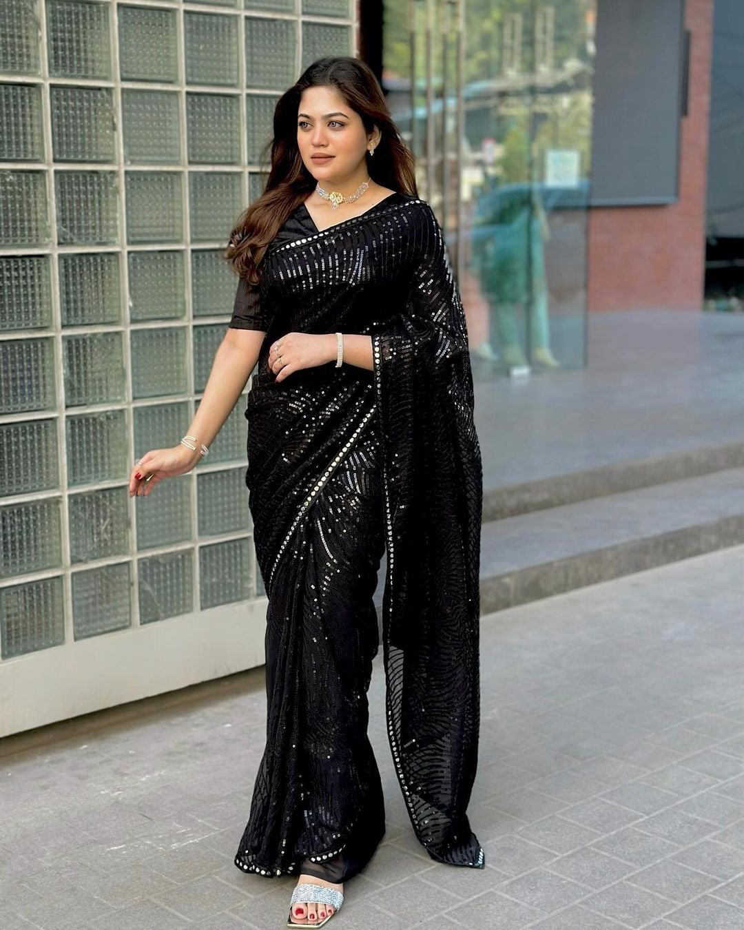 Black Stylish Bollywood Sequence Work Saree